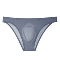 Men's translucent ice silk seamless underwear briefs in a striped pattern, showing low waist design.