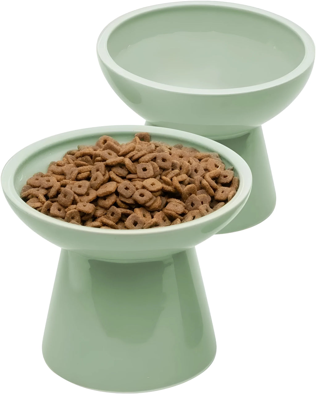 Ceramic elevated cat food bowl in blue colour with wide shallow design