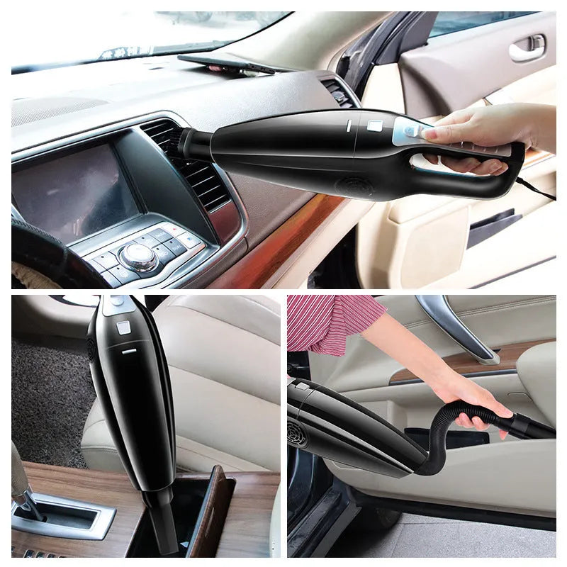 Black and orange Hypa handheld car vacuum cleaner with cigarette lighter plug.