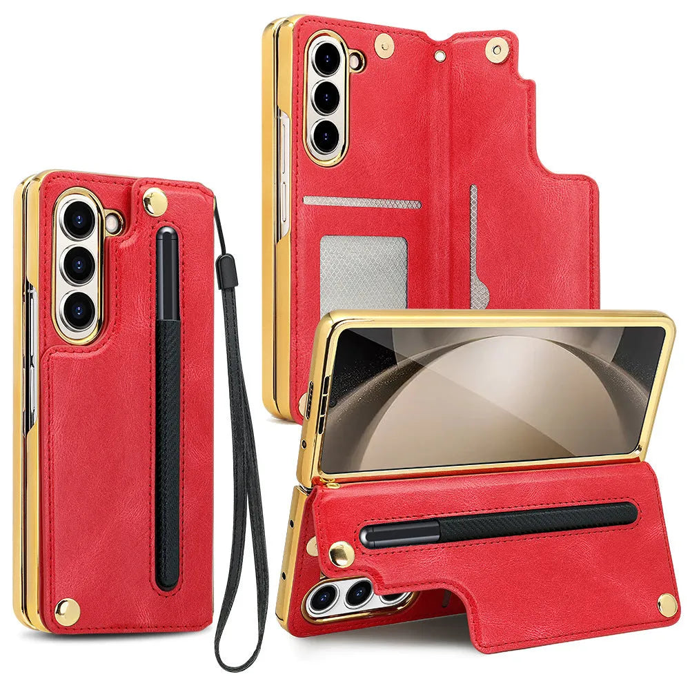 PU leather phone case for Samsung Z Fold 5 with bracket, pen slot, and card storage in black electroplated finish