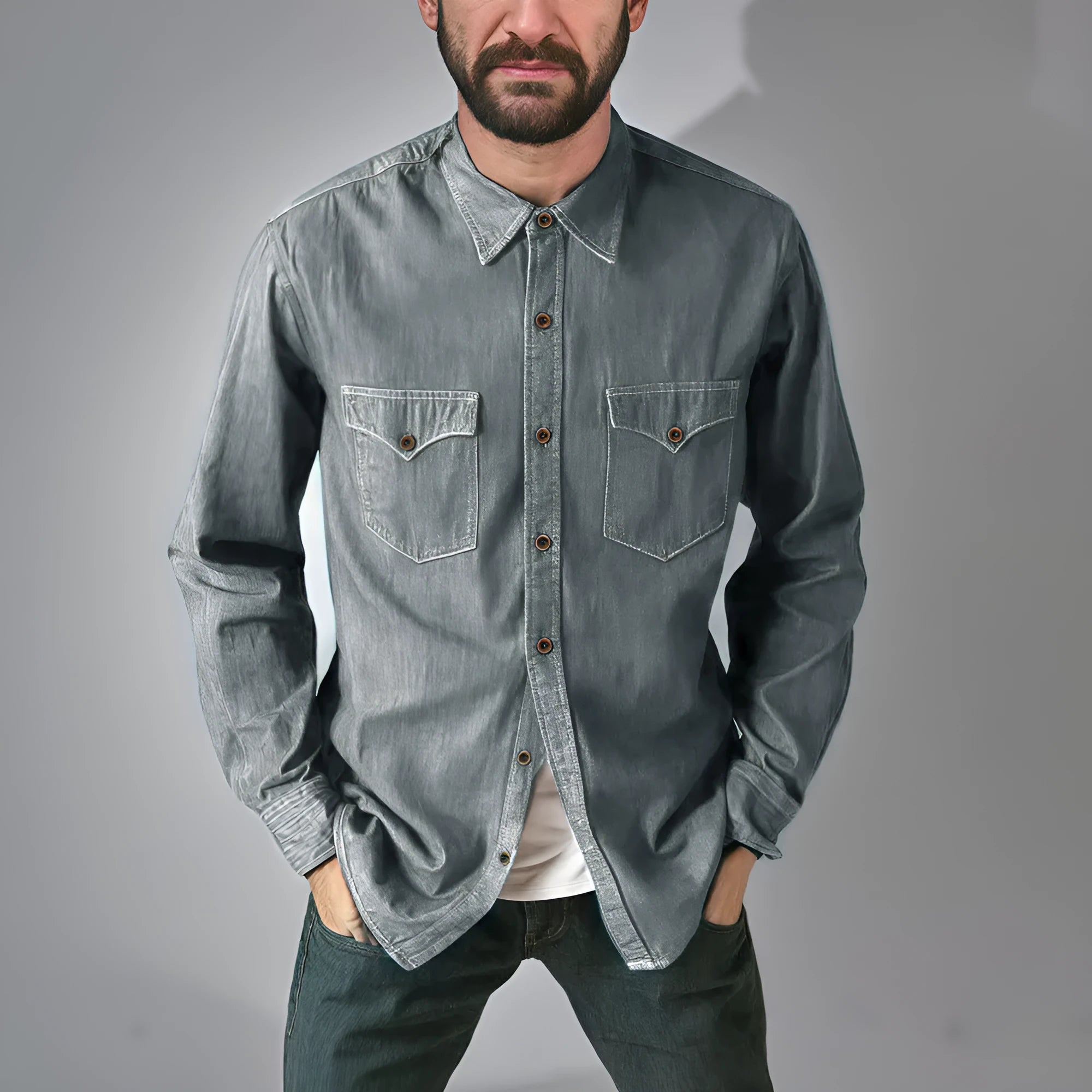 Men's cotton denim cardigan coat jacket in khaki, shown in a regular fit.
