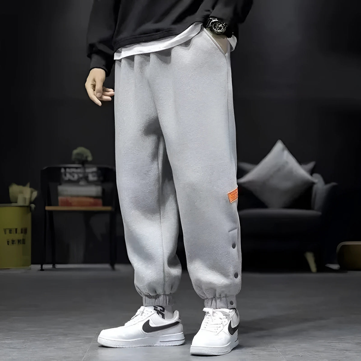 Autumn winter casual pants in cotton blend with skinny leg, ankle strap and velvet padded option, black or gray