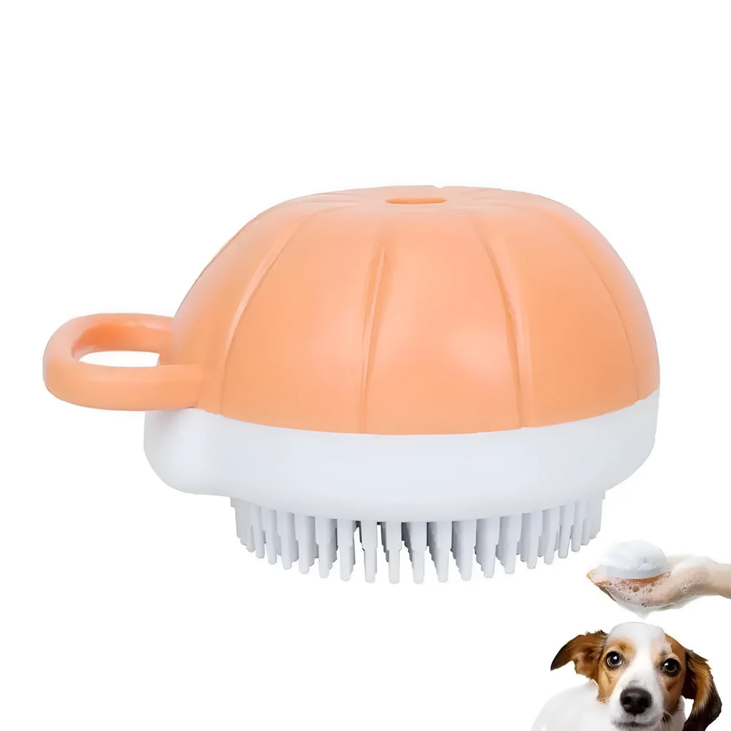 Orange TPR dog bath brush with shampoo dispenser, massage bristles and comb teeth.