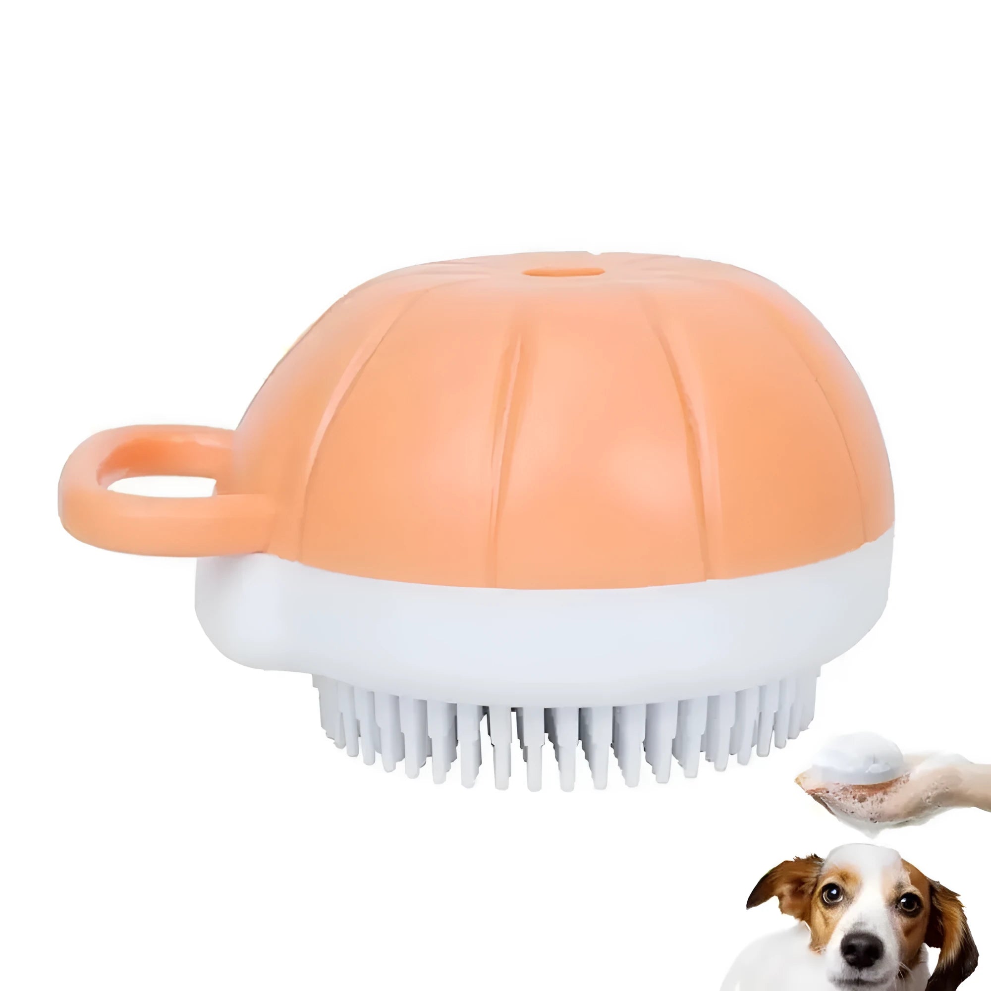 Orange TPR dog bath brush with shampoo dispenser, massage bristles and comb teeth.