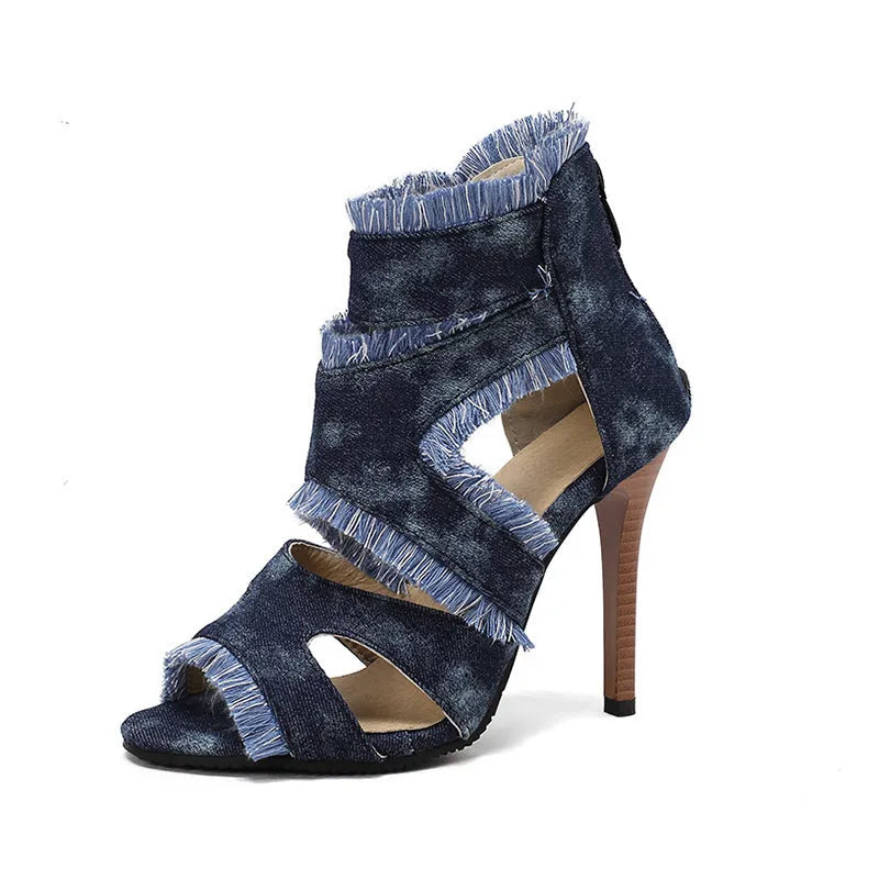Women's plus size denim high heel sandals in leopard print and plaid patterns, sizes 32-50