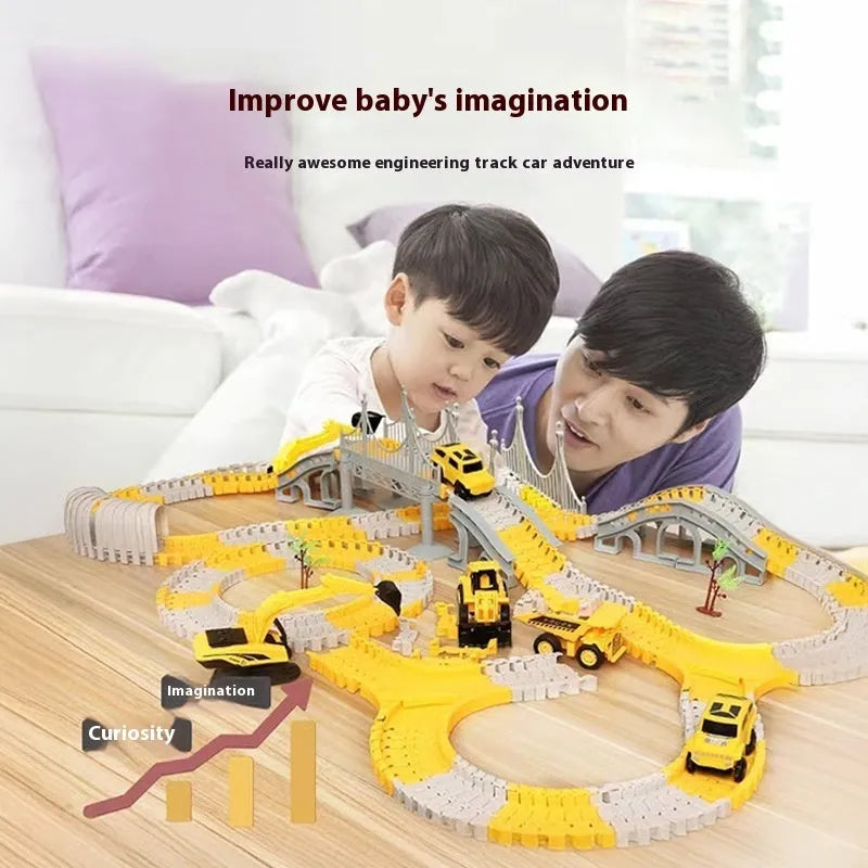 Rail car toy set with plastic track pieces and two electric vehicles in sliding layout