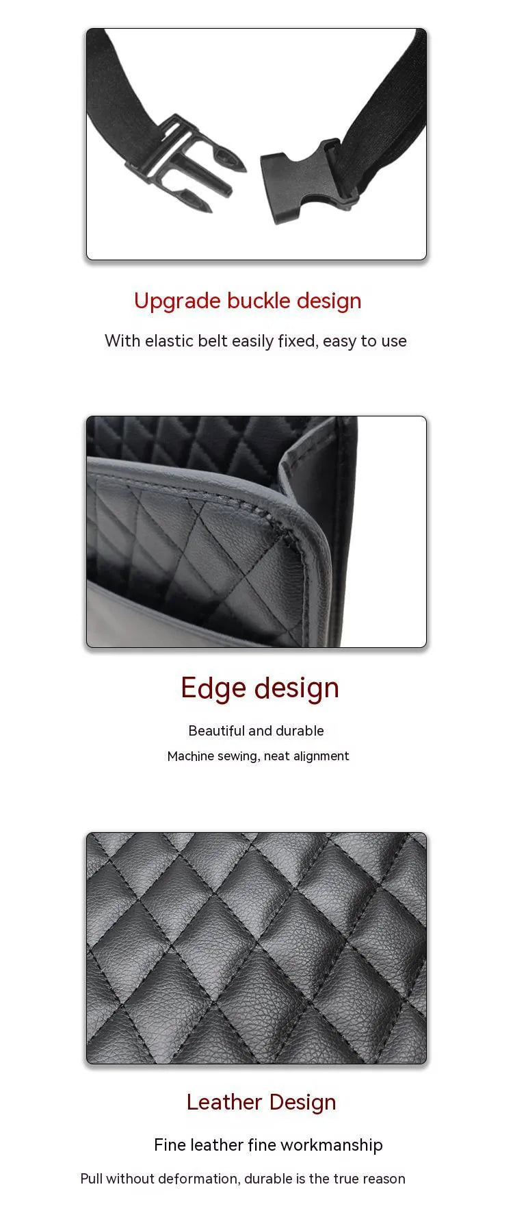 Black leather car interior hanging storage bag with straps measuring 25cm
