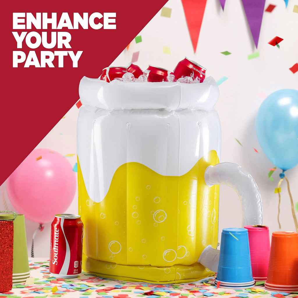 Yellow inflatable beer mug cooler floating in pool with drinks inside