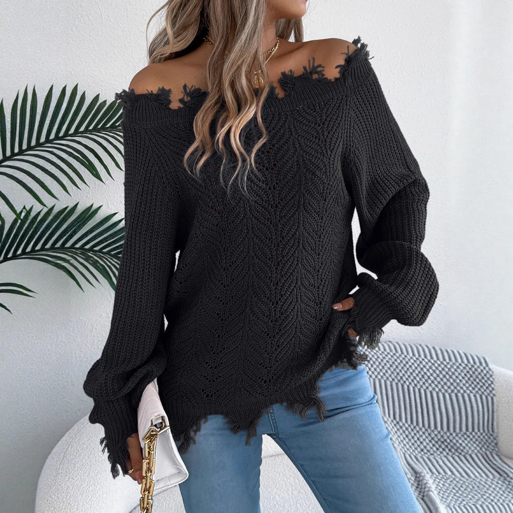 Hollow-out long-sleeved off-the-shoulder pullover sweater in artificial wool acrylic fibre available in black, orange, and white colours
