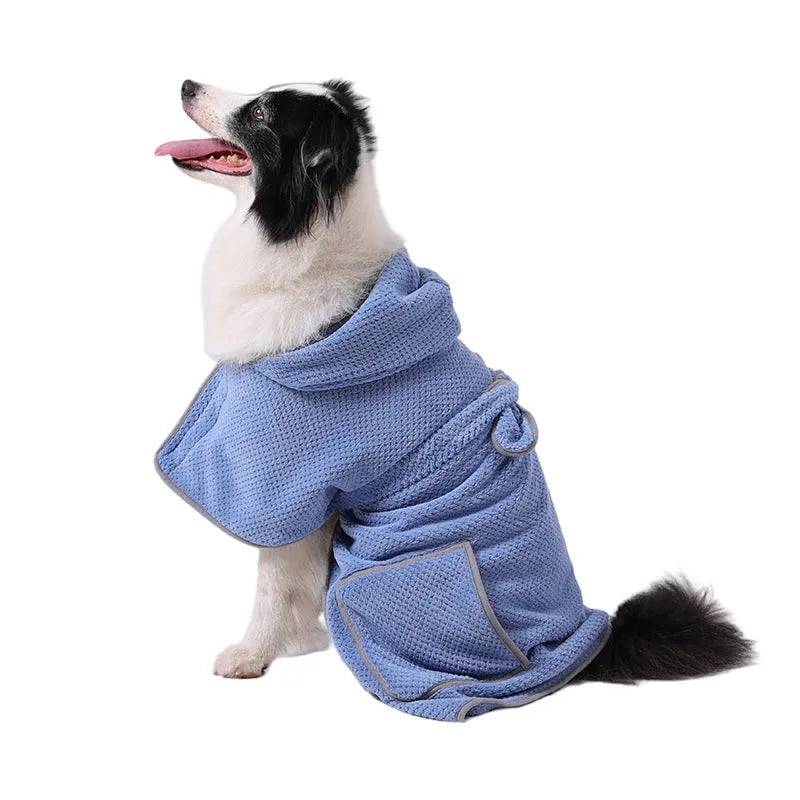 Blue dog bath robe towel with adjustable waistband shown on dog model