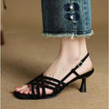 Retro light brown women's high heel sandals with thin cross straps and an ankle buckle on a square toe.