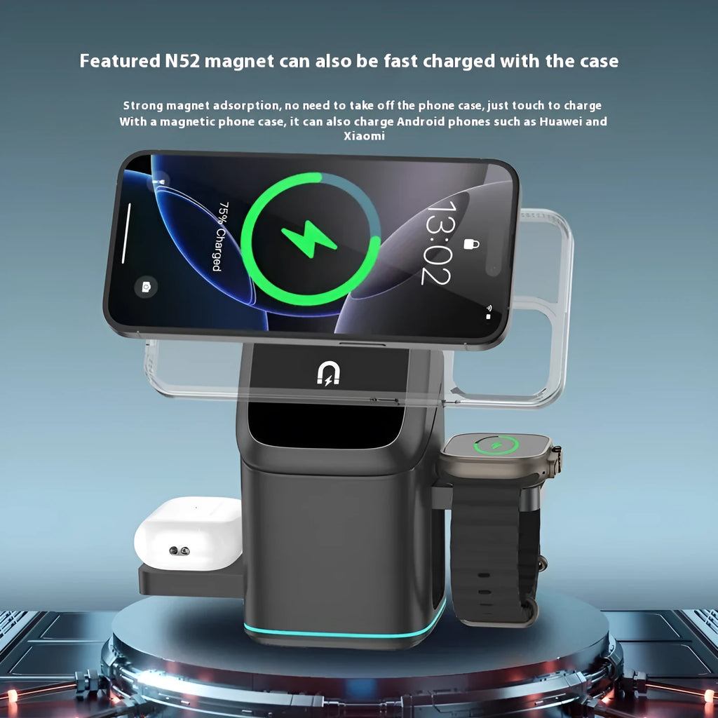 Black rotating magnetic wireless charging stand holding mobile phone at angle