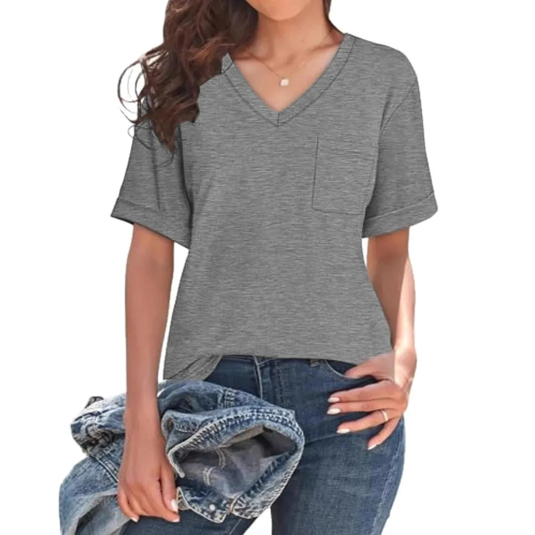 Grey loose fit V-neck short sleeve t-shirt with a chest pocket on a solid background.