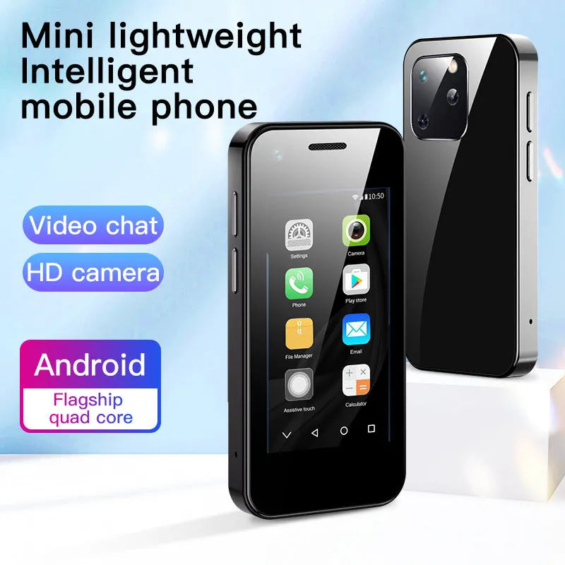 Ultra-compact Android smartphone with 2.5-inch screen in Phantom Night Black colour showing dimensions