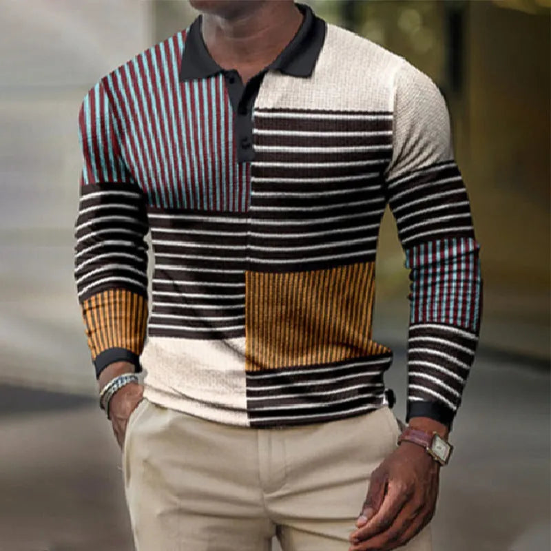 Men's grey long-sleeved top with raised 3D printed black and white stripes, casual fit.