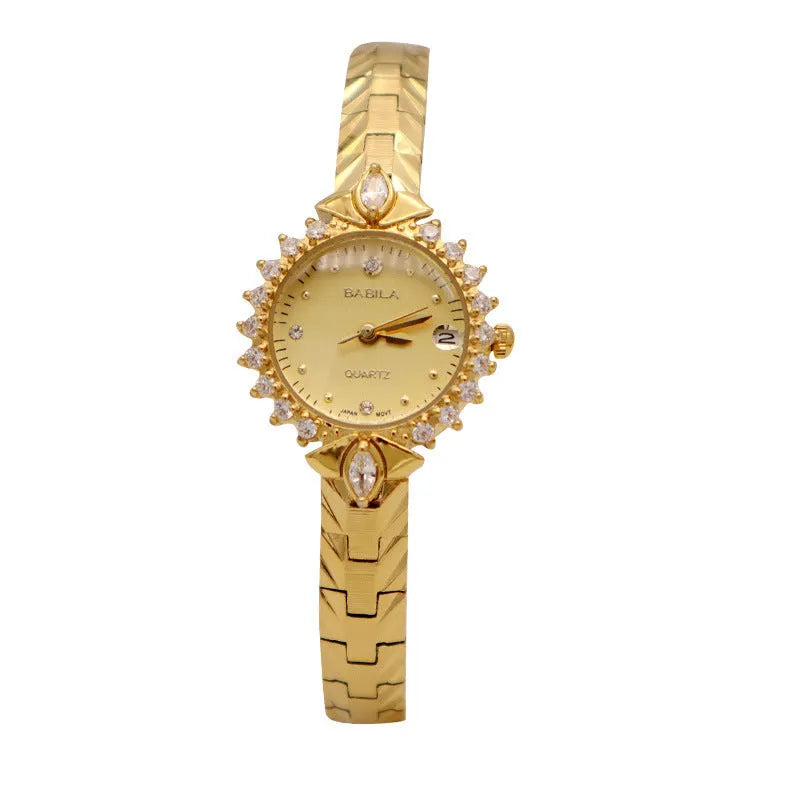 Women's quartz bracelet watch with gold dial and 5A diamond embossed pattern
