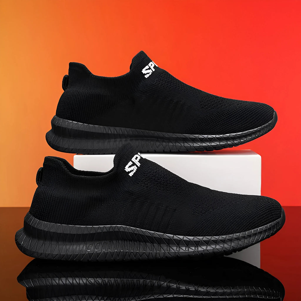 Men's low-top casual shoe in Flyknit material, shown in one of four colours: black, blue, grey, or yellow.