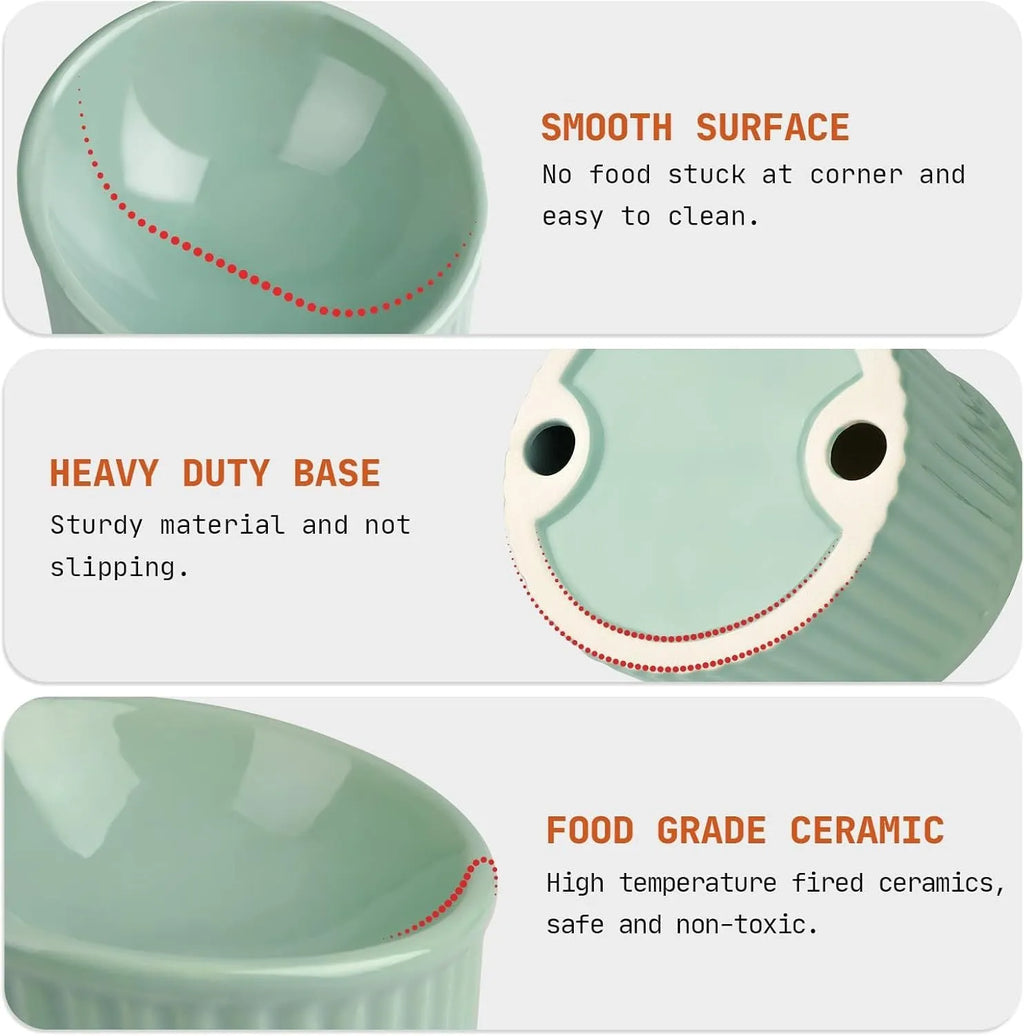Dark green ceramic elevated cat bowl with tilted, round design on a wooden floor.