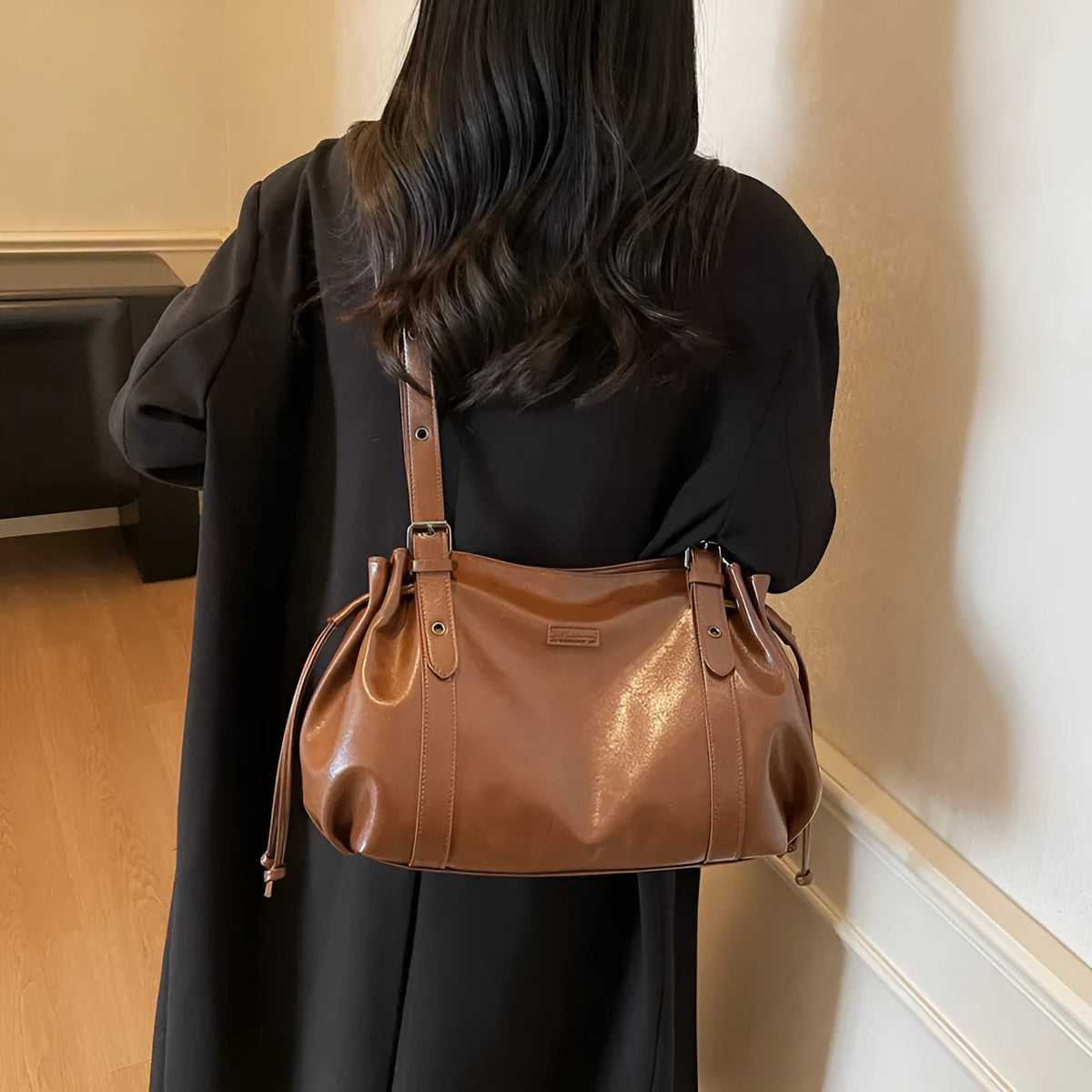Women's PU crossbody underarm bag, horizontal square 48 x 13 x 20 cm, black brown coffee, inner patch pocket