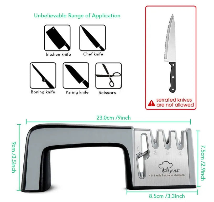 4-in-1 manual kitchen knife sharpener with black and cyan TPR handle, showing sharpening slots.