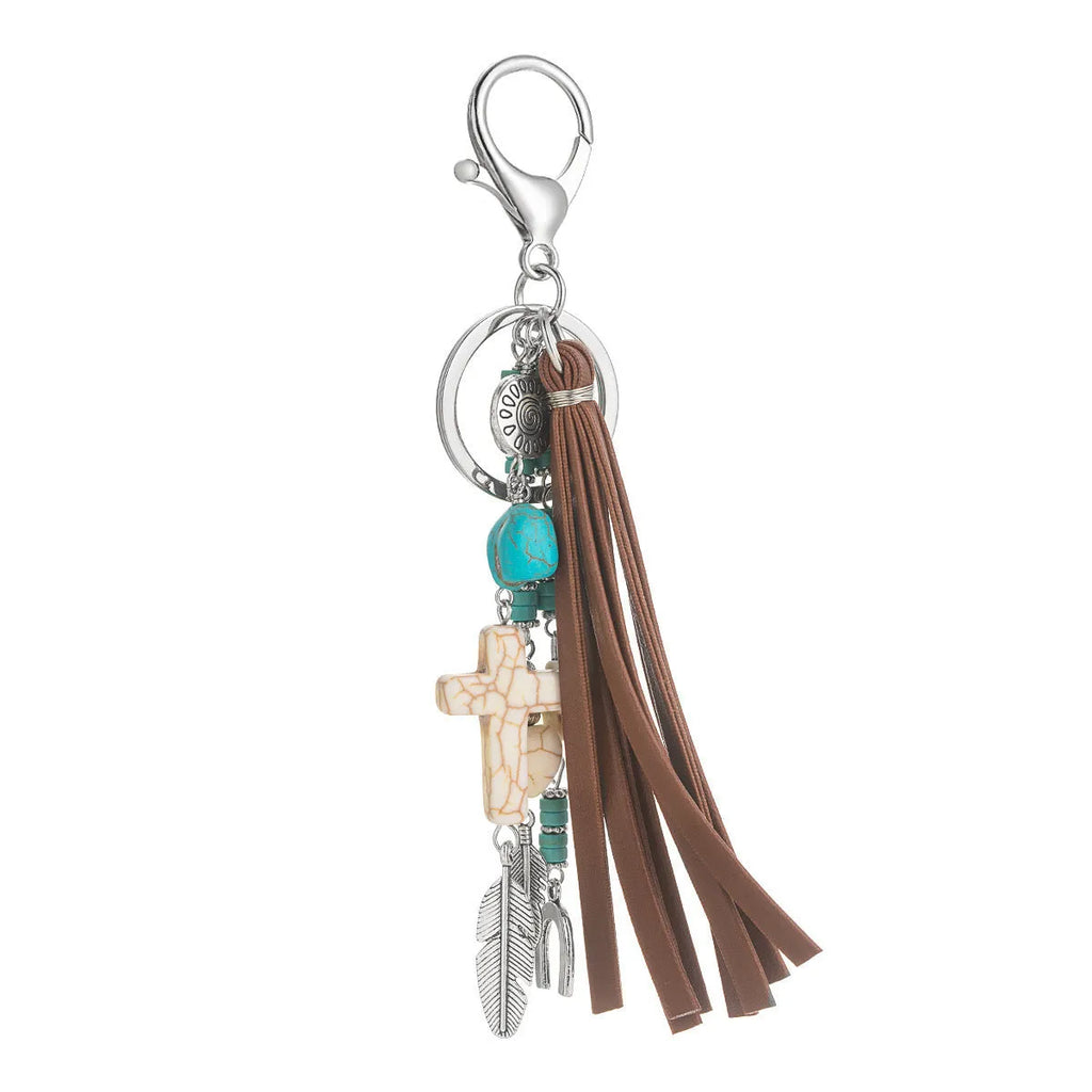 Alloy cross pendant with leather rope and tassel keychain in retro style colour XY-3669
