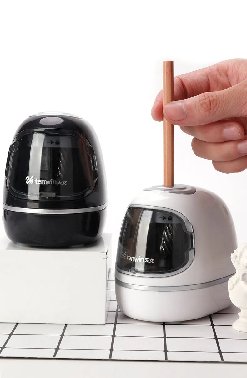 Creative electric pencil sharpener with three-speed control, geometric plastic body in white, 135x93x100mm