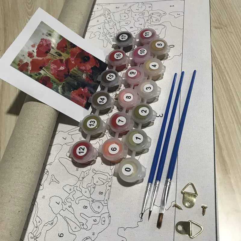 DIY manual decompression digital painting kit with 40x50cm canvas, brushes, and hooks