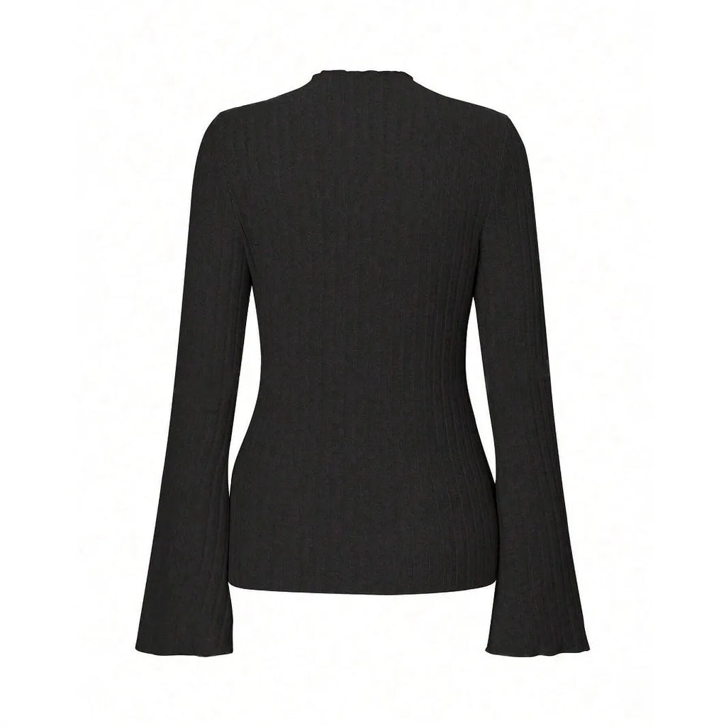 Black slim-fit long sleeve top with round neck and subtle sunken stripe pattern on soft brushed fabric.