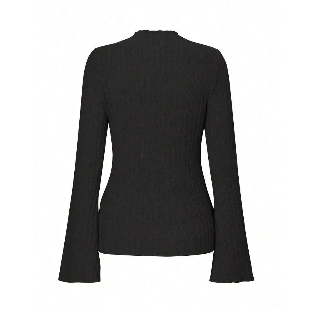 Black slim-fit long sleeve top with round neck and subtle sunken stripe pattern on soft brushed fabric.