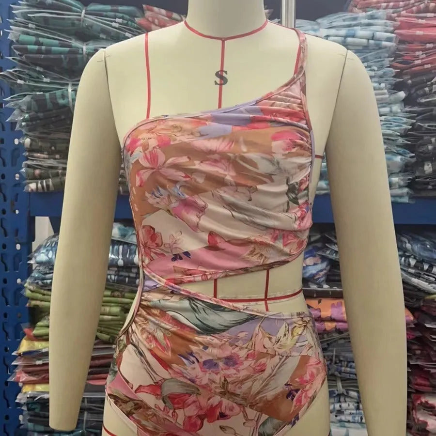 Women's rose gold printed swimsuit in polyester fabric for summer beach and pool use