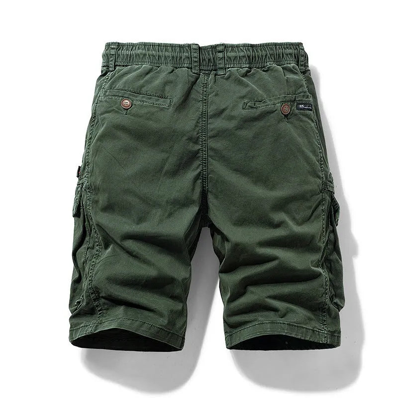 Men's army green cotton shorts with zip fly and multiple pockets, knee-length Korean style cut
