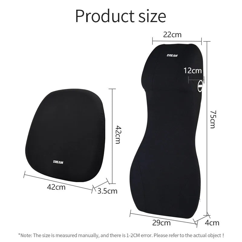 Automotive memory foam waist cushion and headrest pillow in black, brown, red, green, blue, grey colours