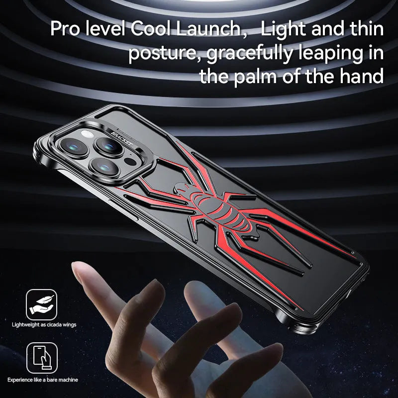 Frameless airbag drop-resistant metal phone case for iPhone, black, half pack style with hollow design.