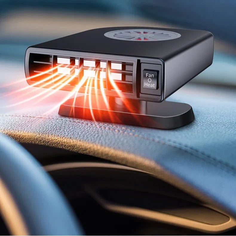 Black 12V vehicle-mounted heater for car defrosting on a dashboard.