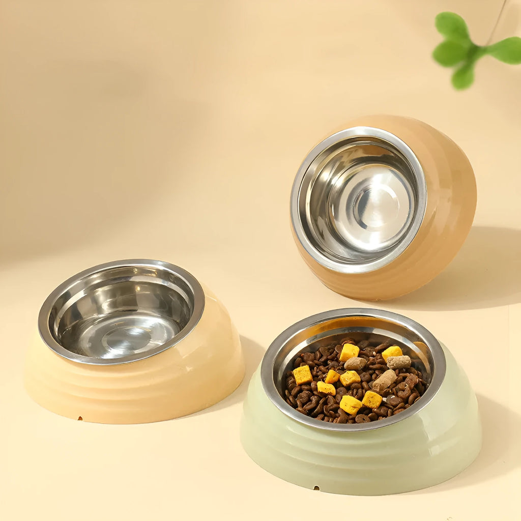 Stainless steel cat bowl feeder available in beige, brown, or light green.