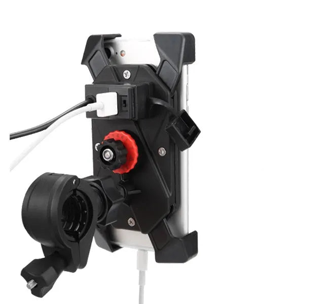 Black motorcycle phone holder mounted on handlebar with USB charging cable connected