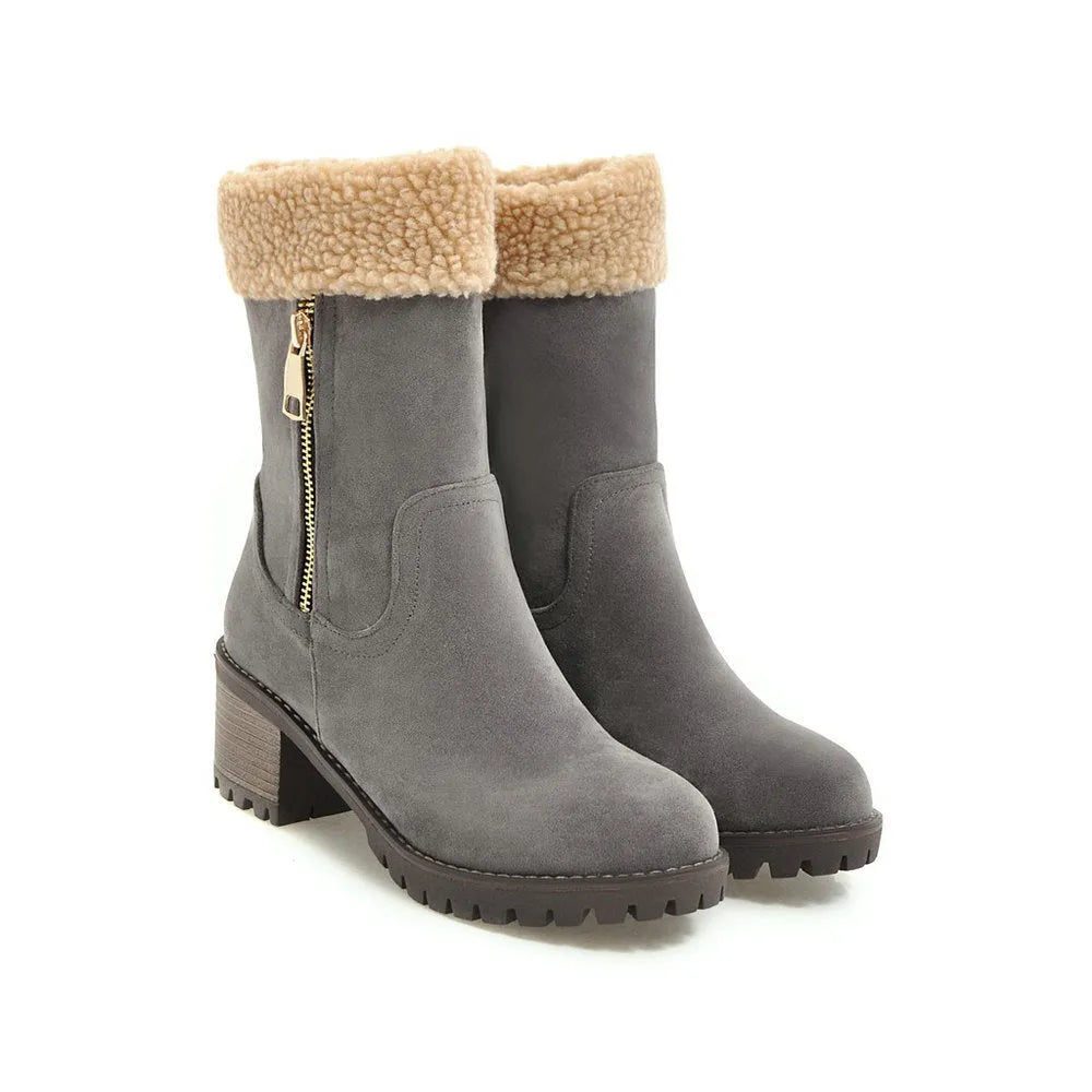 A pair of men's lace-up snow boots with a thick rubber sole and plush lining, shown in multiple colour options.
