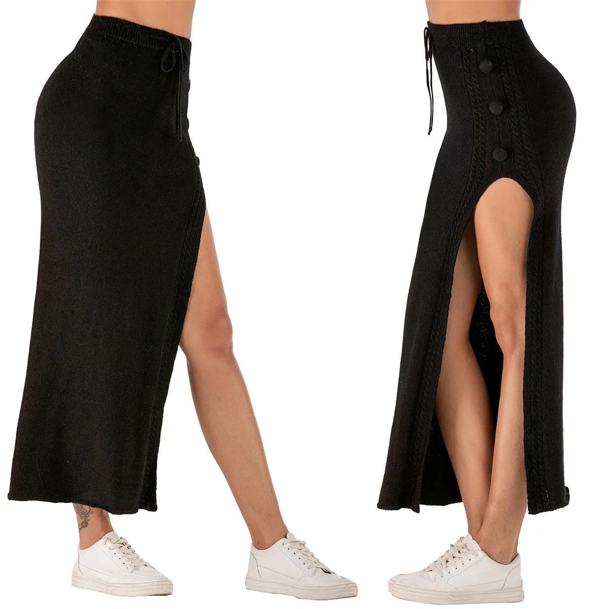 A black slim-fit acrylic midi skirt on a hanger, showing side split detail and midi length.