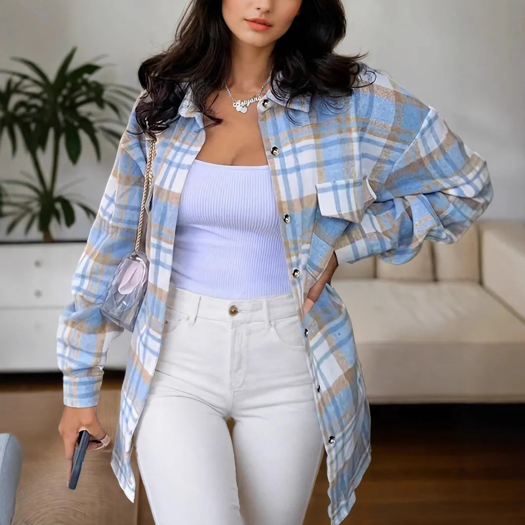 Women's lapel plaid pocket long sleeve shirt jacket in blue, polyester, casual cardigan style