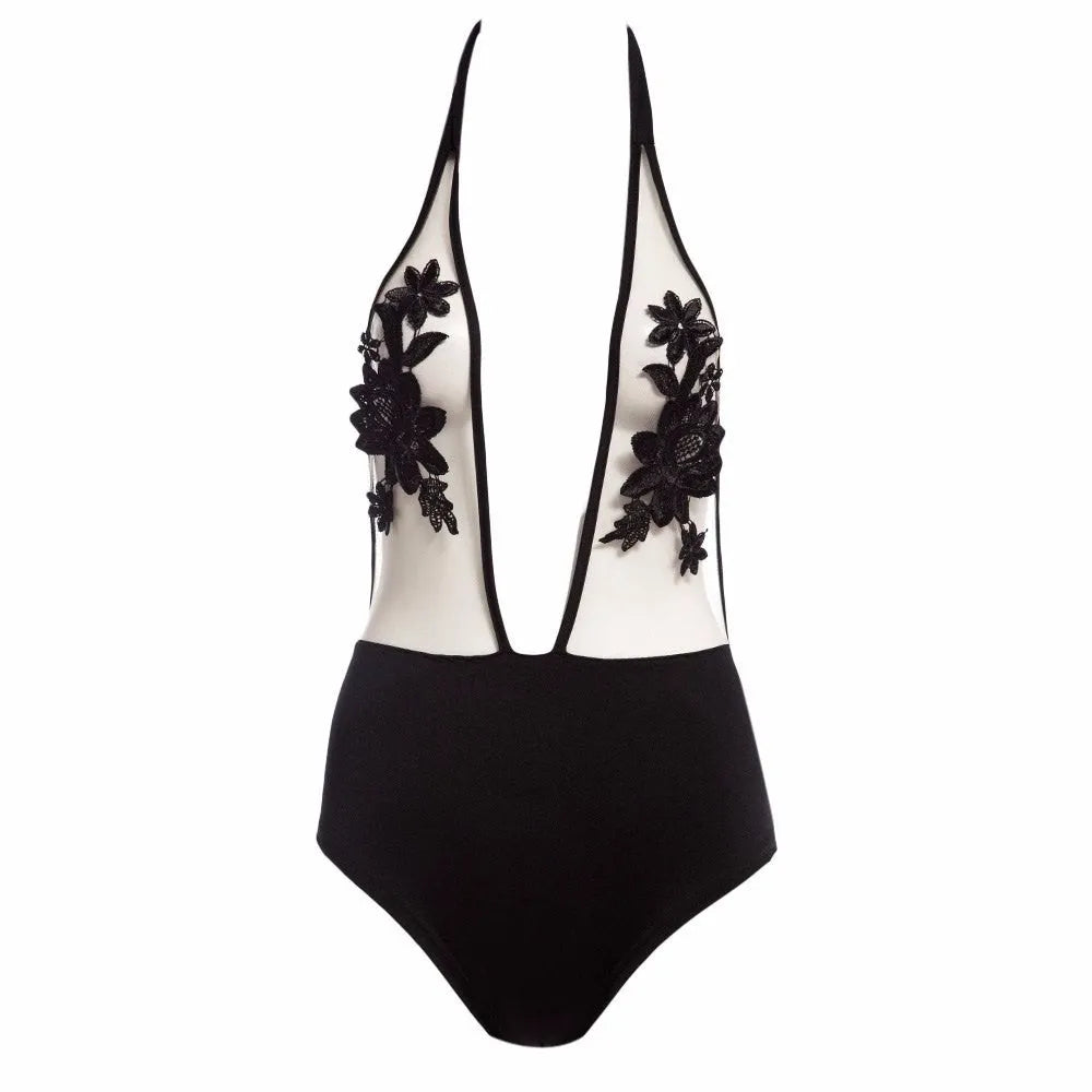 Embroidered halter Siamese bikini lingerie set in black, white or wine red, sizes S to XL, 96% polyester