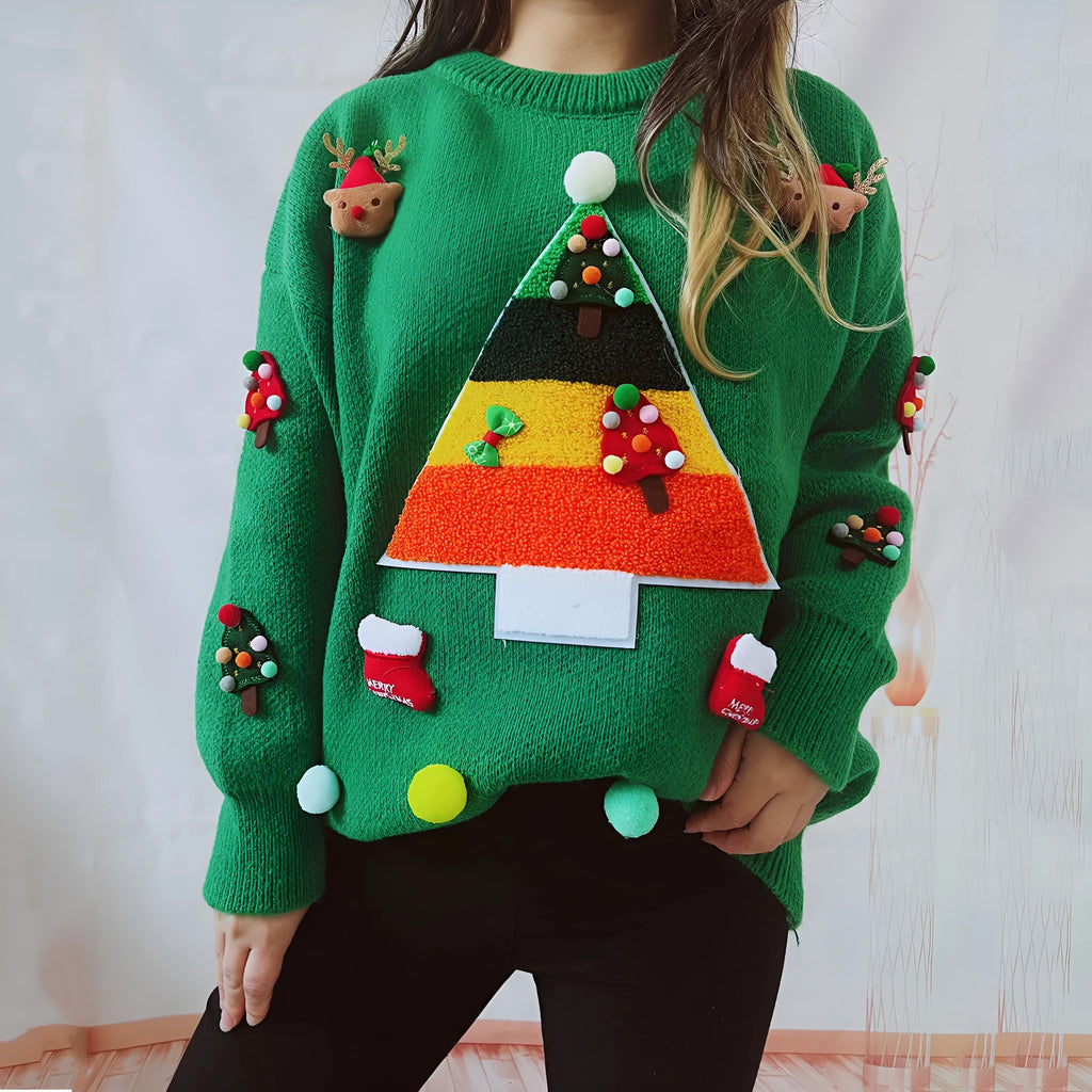 Christmas pattern loose fit round neck pullover sweater in red green black polyester knit