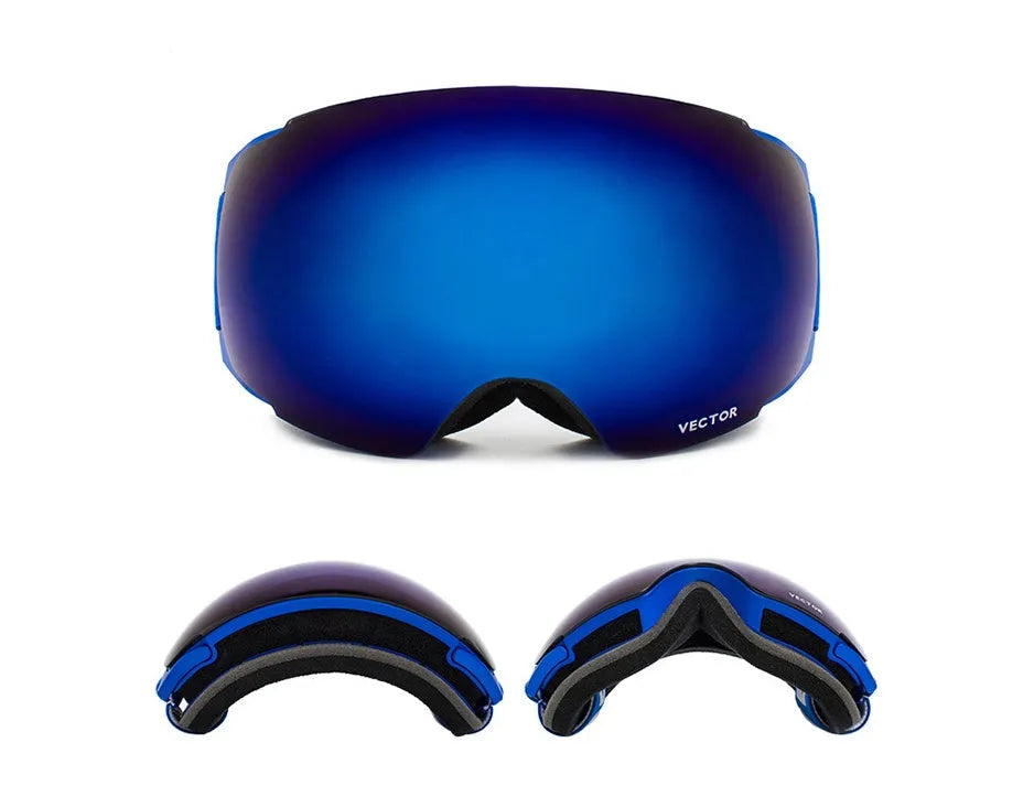 Compass ski glasses with double-layer anti-fog spherical lens and magnetic lens change system on blue background
