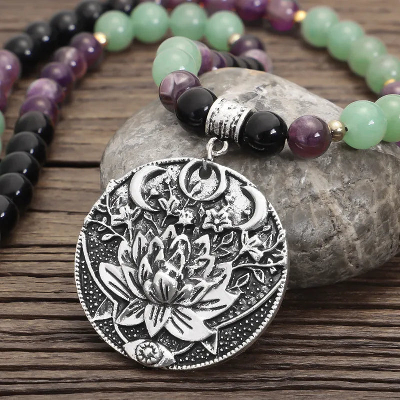 Dongling long yoga lotus pendant necklace and bracelet set with stone beads