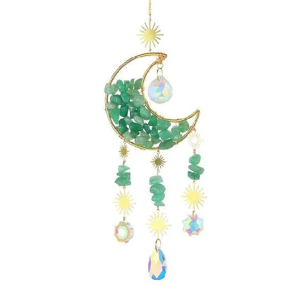 K9 crystal moon-shaped car pendant on a long metal chain, shown in blue colour option.