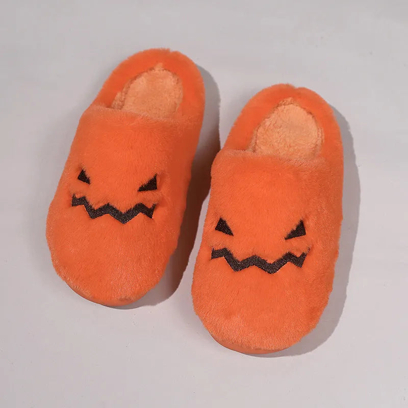 Orange pumpkin design plush house slippers with coral velvet upper and non-slip PVC sole