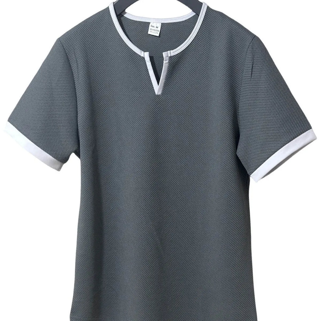 Colour-block V-neck outdoor sports T-shirt in waffle polyester fabric with short sleeves