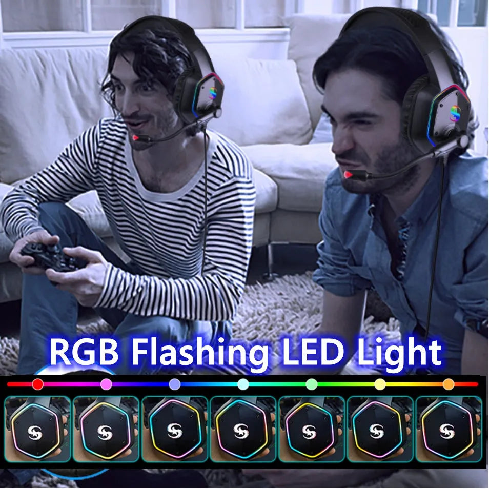 Black gaming headset with 3D surround sound, noise canceling microphone, and colorful LED lights on over ear pads