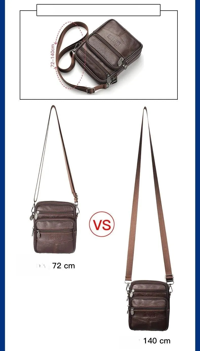 Men's leather waist bag in black or dark brown, worn as waist bag, shoulder messenger bag, or belt pouch