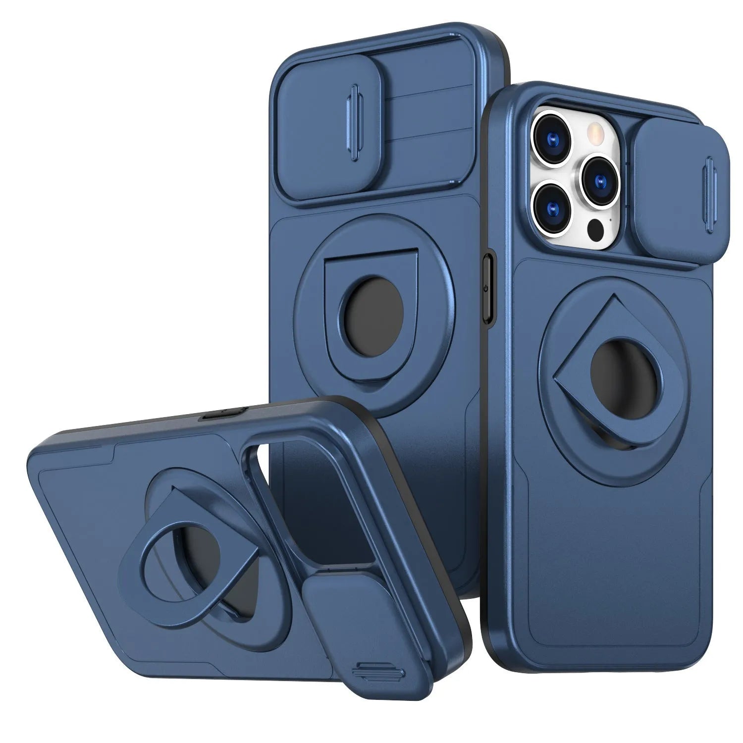 Plastic anti-fall shock bracket phone case with magnetic suction for Apple iPhone, black colour, side view showing kickstand