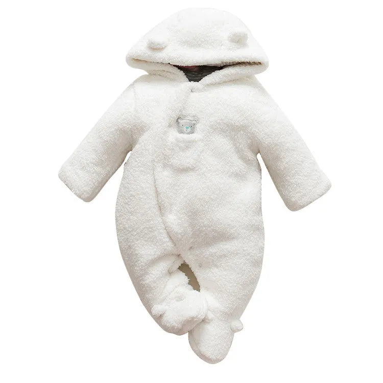 Brown cotton baby winter jumpsuit with covered feet and a front zipper.